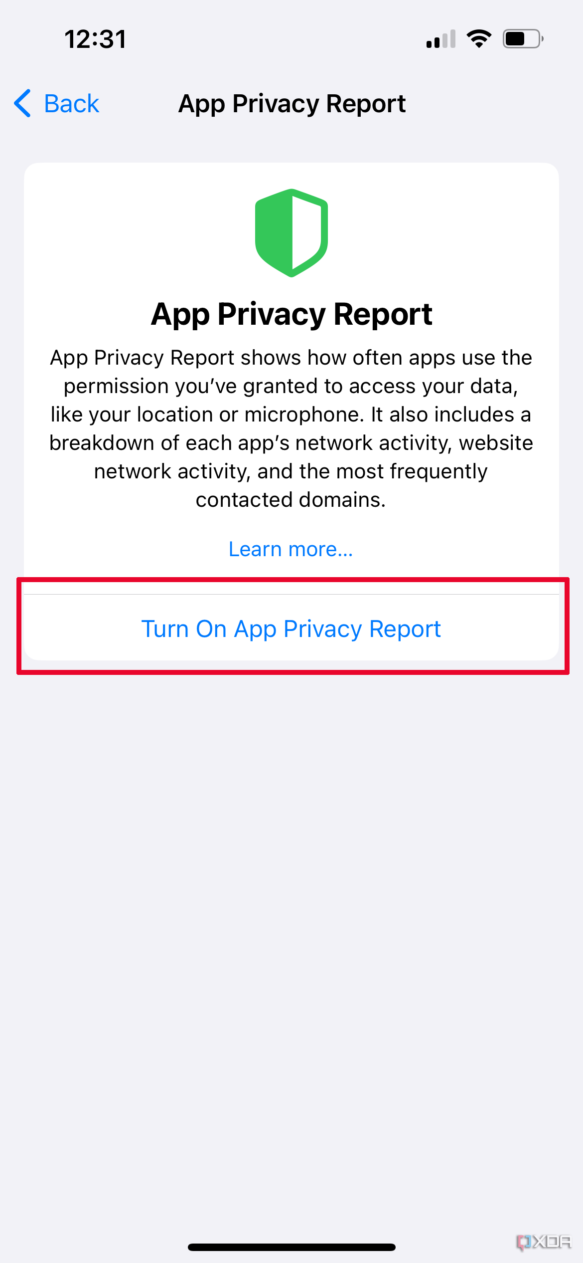 iPhone App Privacy Report.[アプリ プライバシー レポートをオンにする]is selected.