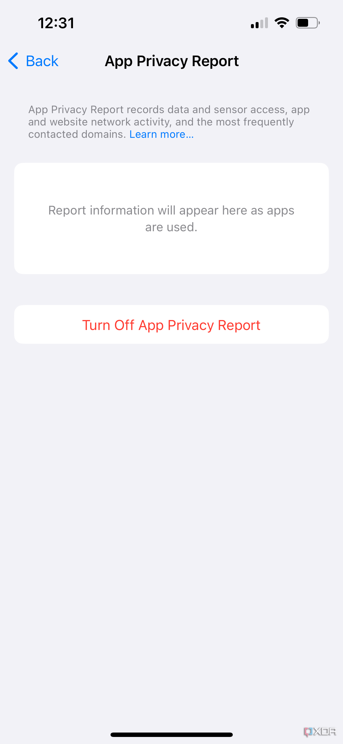 iPhone app privacy report screen.