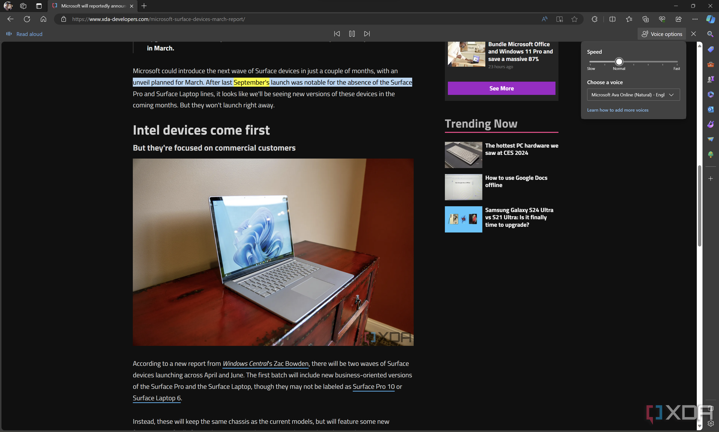 Screenshot of Microsoft Edge with the read aloud feature enabled