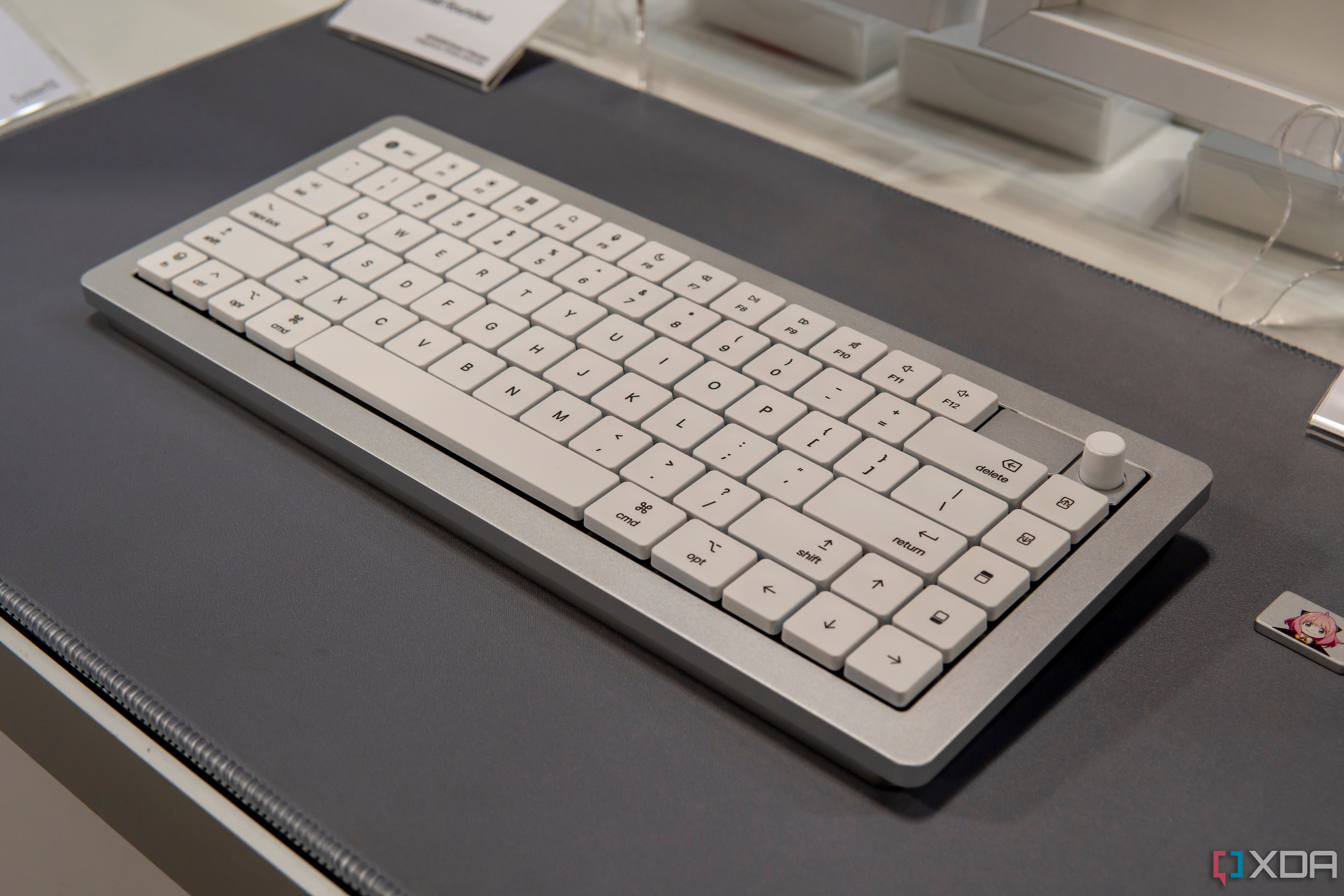 Angled view of the Monokei Systems keyboard in Cupertino Silver