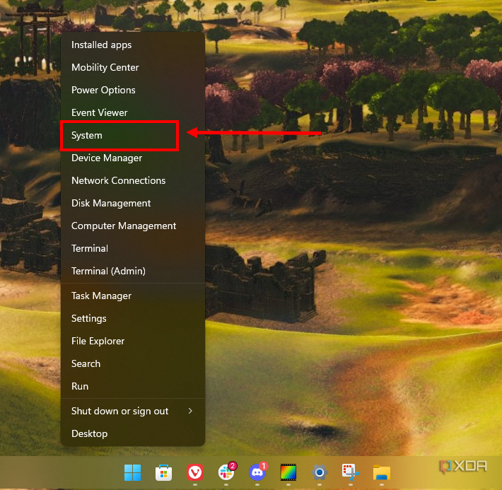 Screenshot of the Quick Link menu in Windows 11 with the System option highlighted