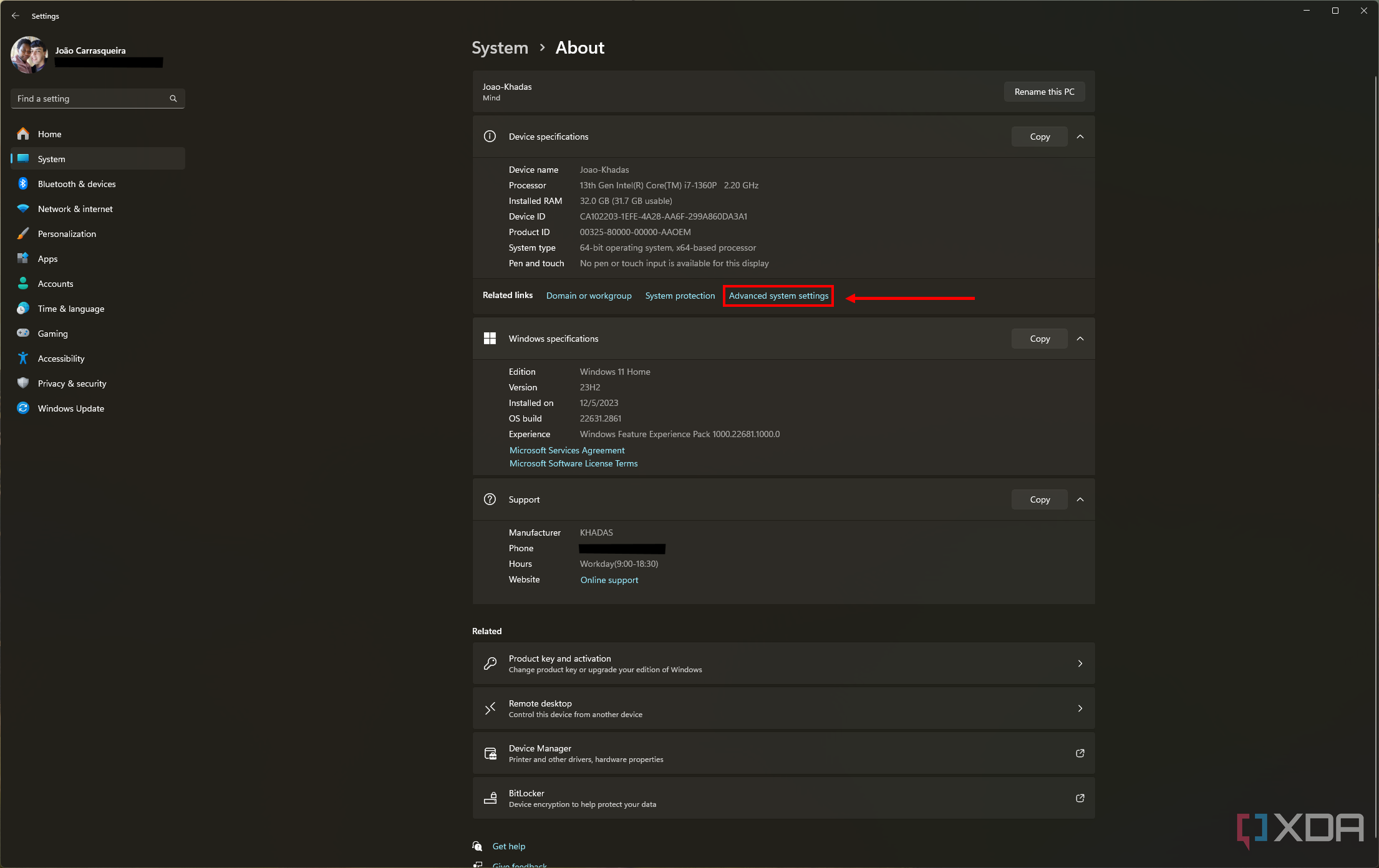 Screenshot of the About page in the Windows 11 Settings app with the advanced system settings button highlighted