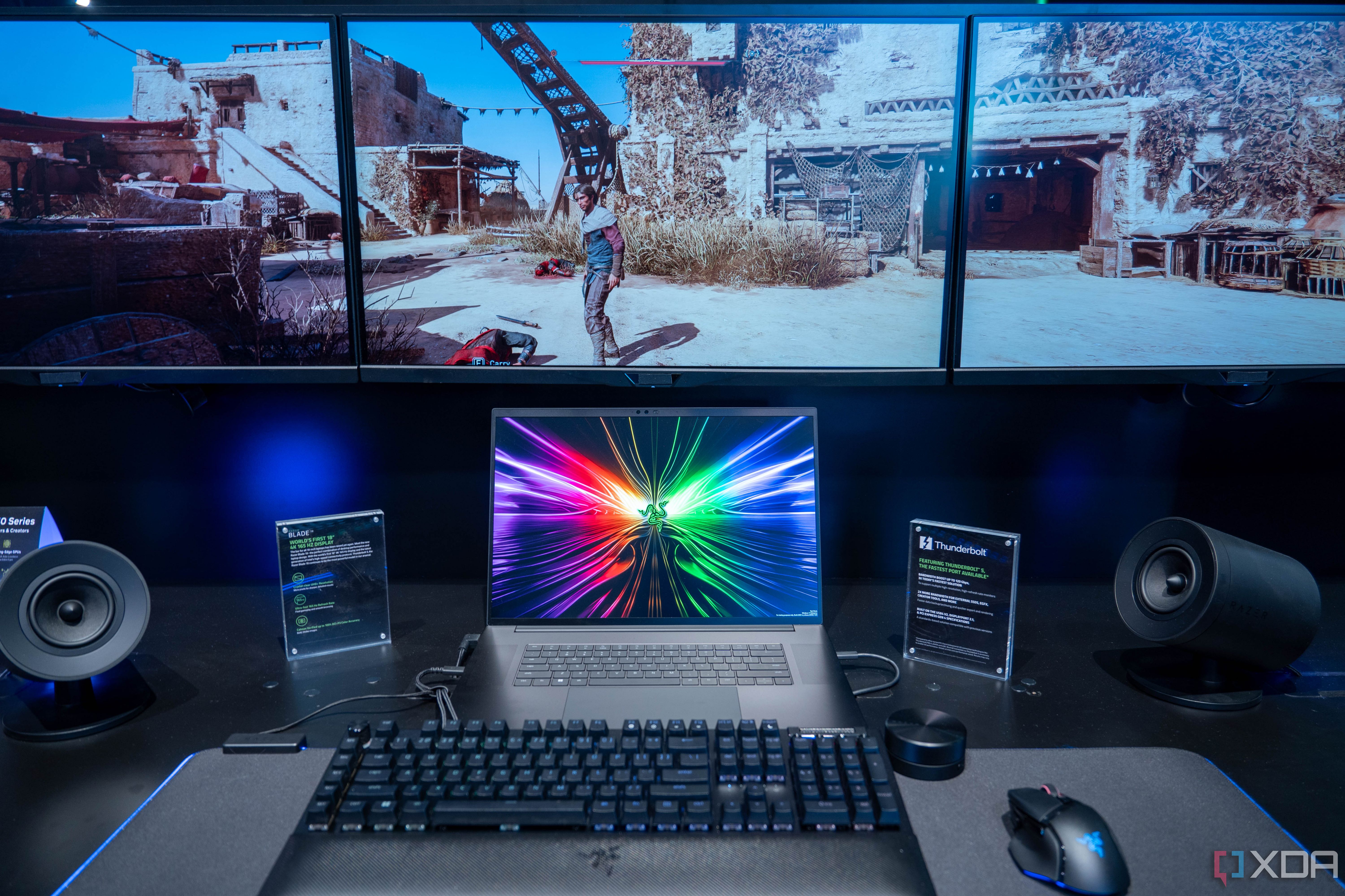Simplified Workstation Setup: Experience the Ultimate Efficiency of Three 4K Monitors Connected to a Laptop using a Single Cable