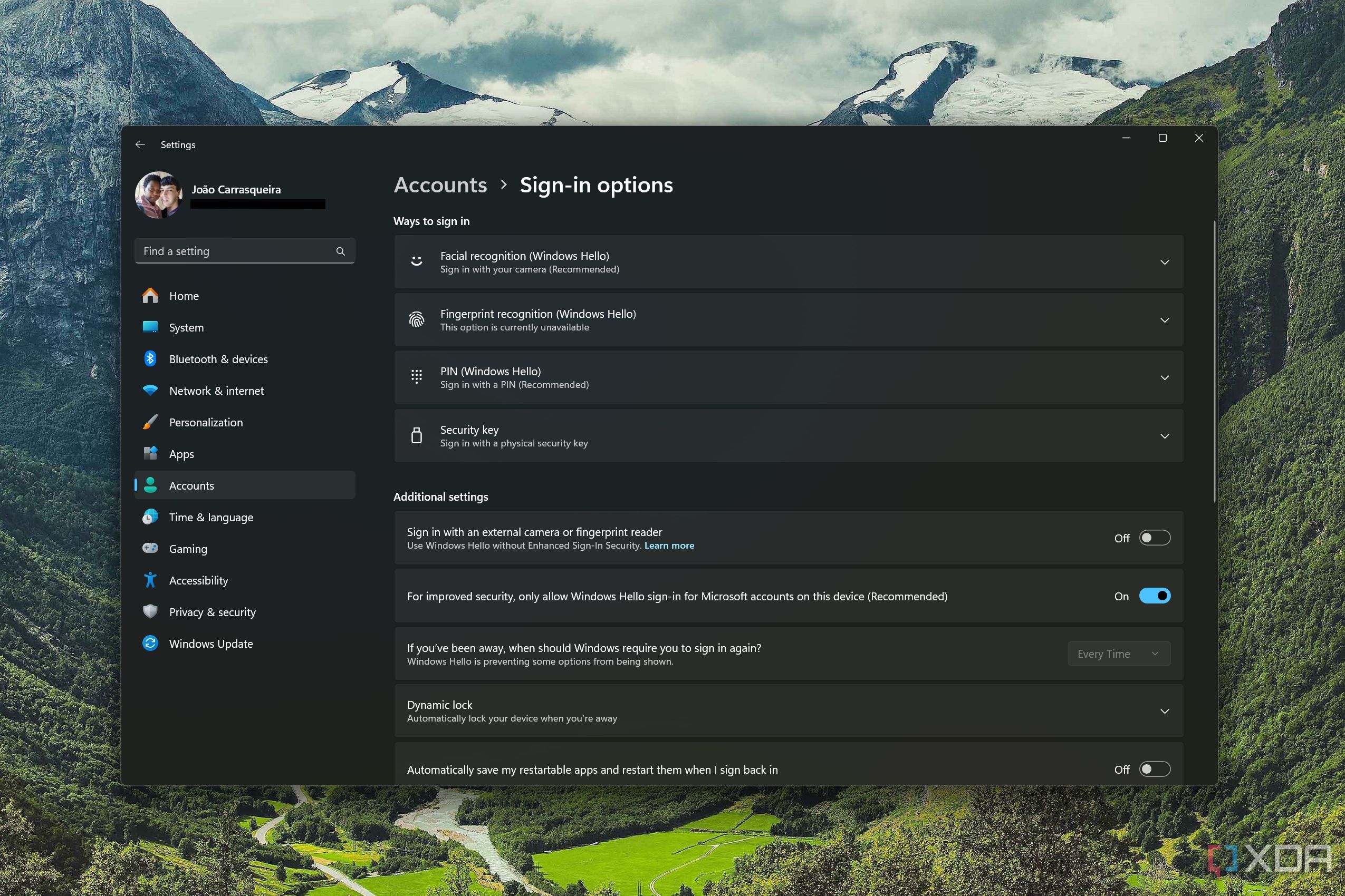 Screenshot of Windows 11 settings app showing sign-in options
