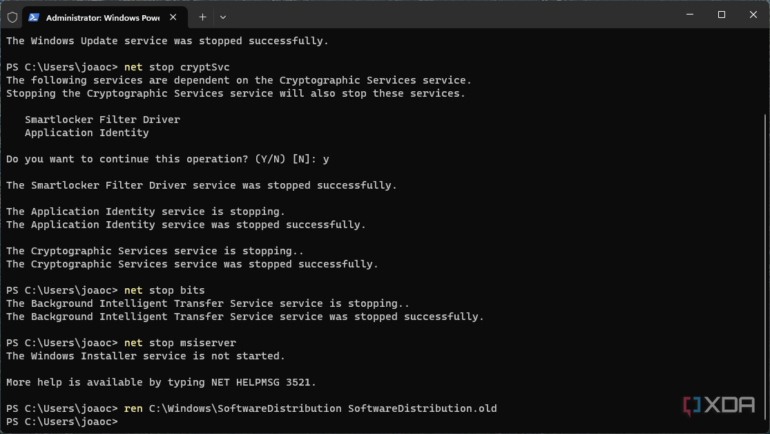 Screenshot of Command Prompt after running a command to rename the Software Distributin folder