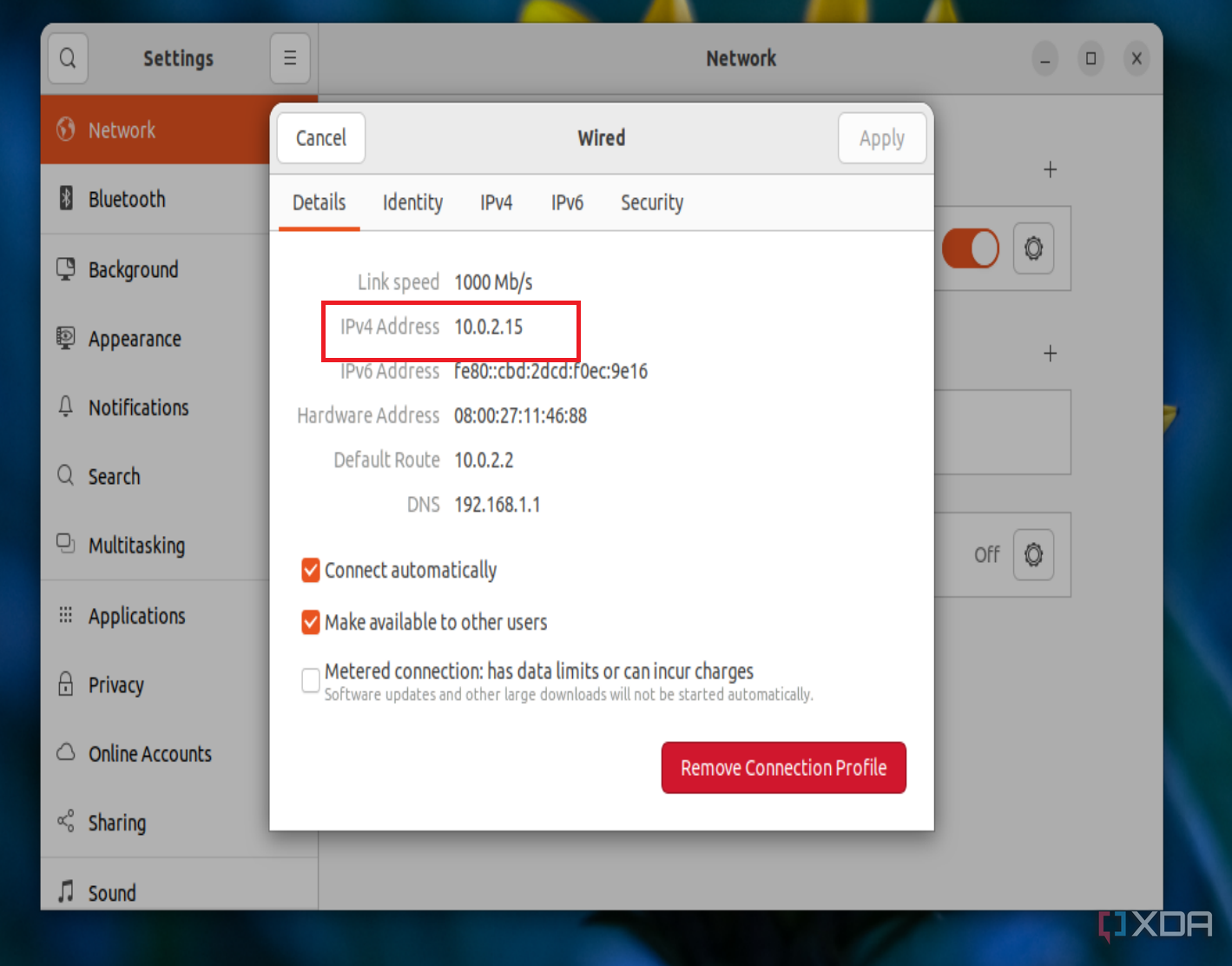 Снимок экрана приложения настроек Ubuntu, показывающий частные IP-адреса.