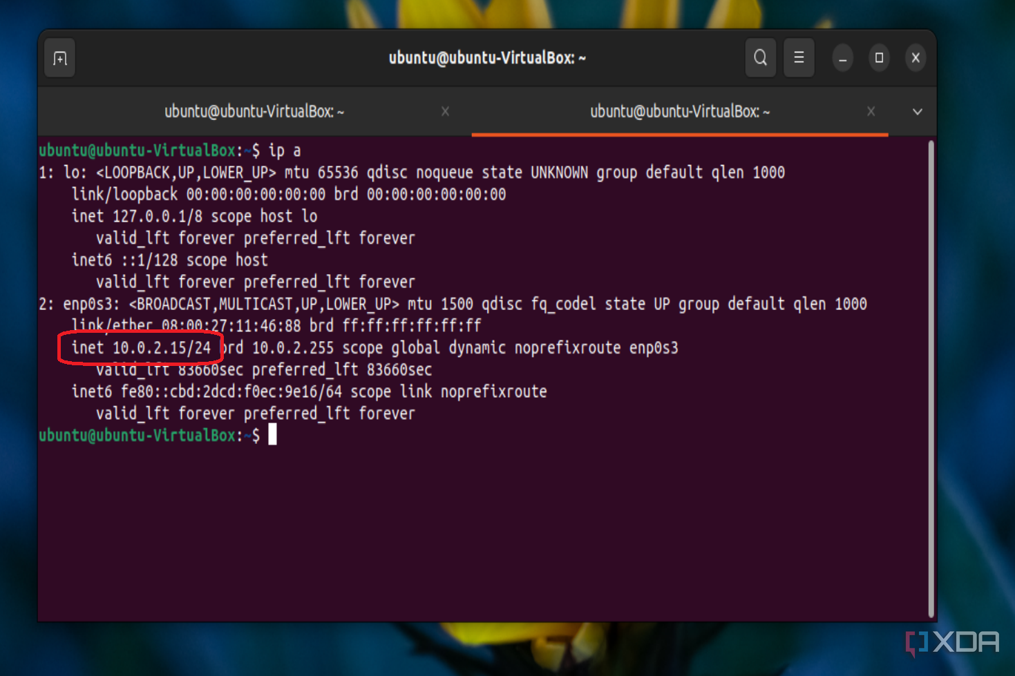 Снимок экрана приложения терминала Ubuntu, показывающий частный IP-адрес.