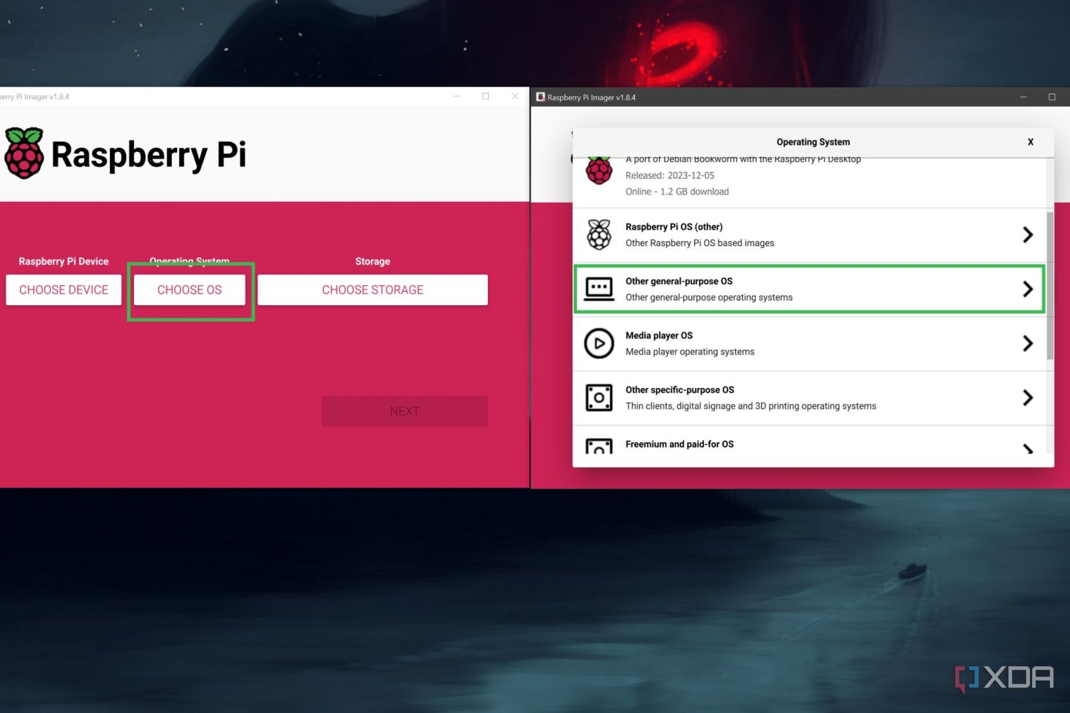 Ein Screenshot des Raspberry Pi Imager, der das Verfahren zur Auswahl des Betriebssystems zeigt