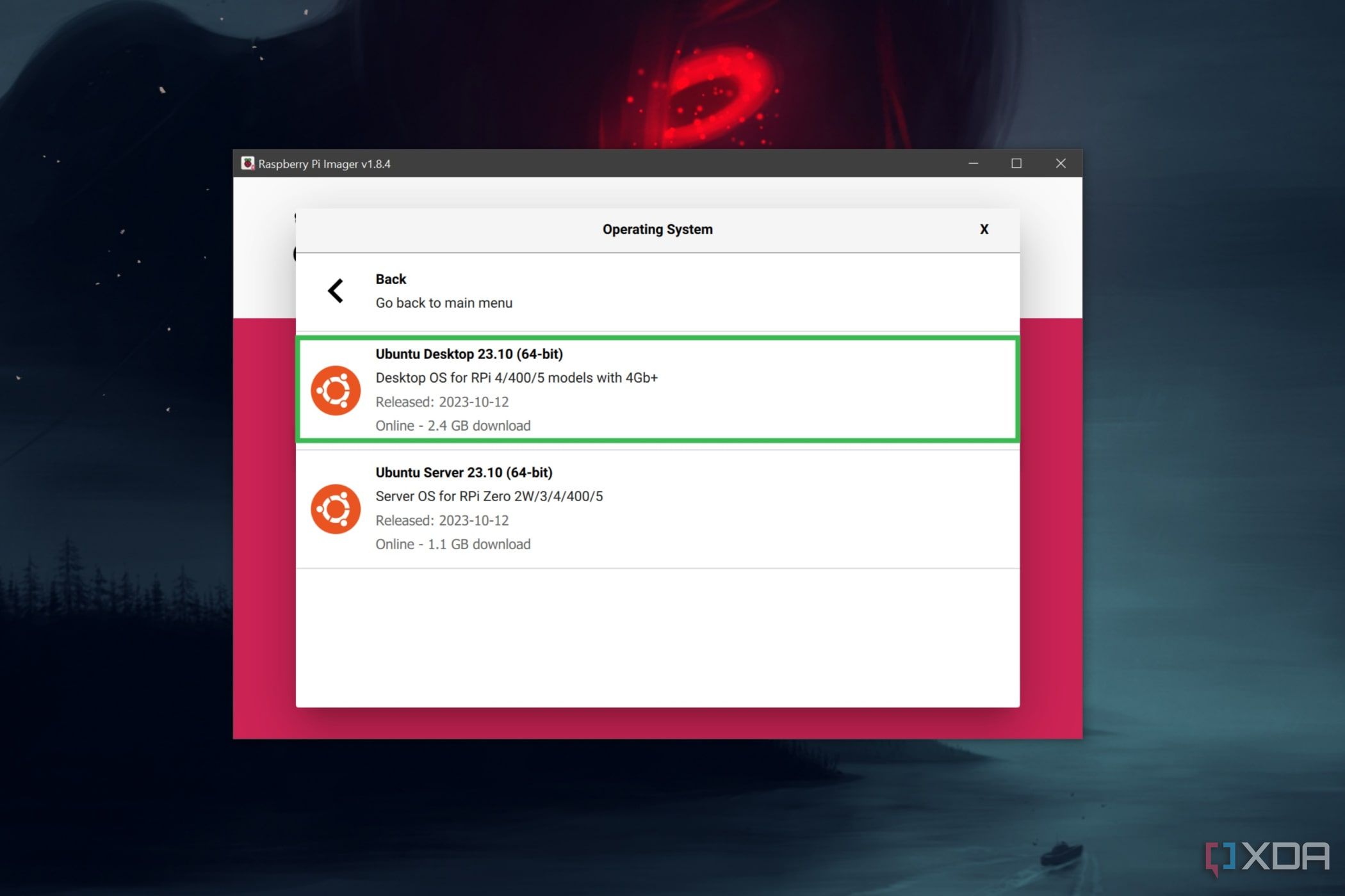 Ein Screenshot von Raspberry Pi Imager, der das Verfahren zur Auswahl der Desktop-Version von Ubuntu zeigt