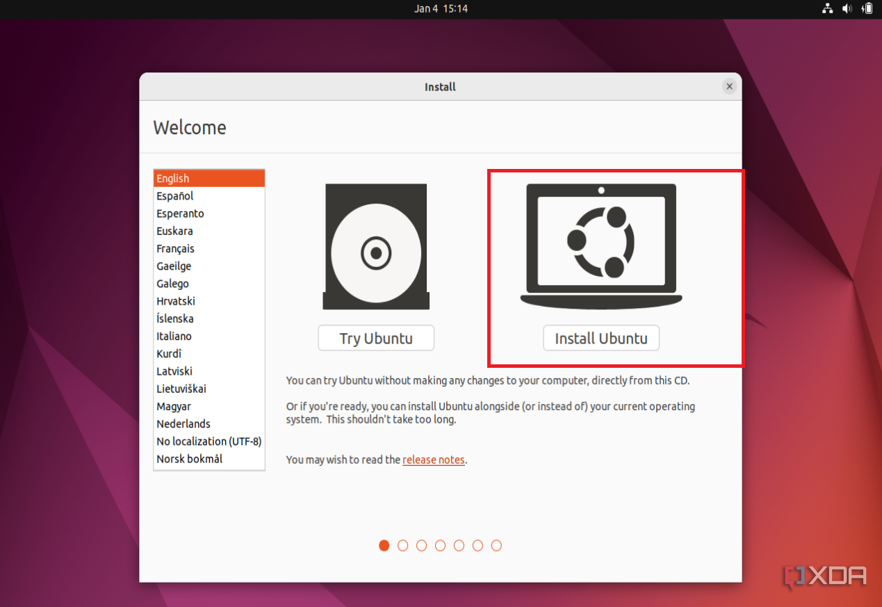 Una captura de pantalla de la página de arranque de Ubuntu que muestra la opción para instalar Ubuntu