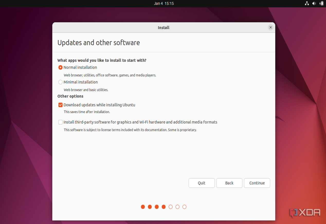 Una captura de pantalla de los tipos de instalación para Ubuntu en el instalador de Ubuntu