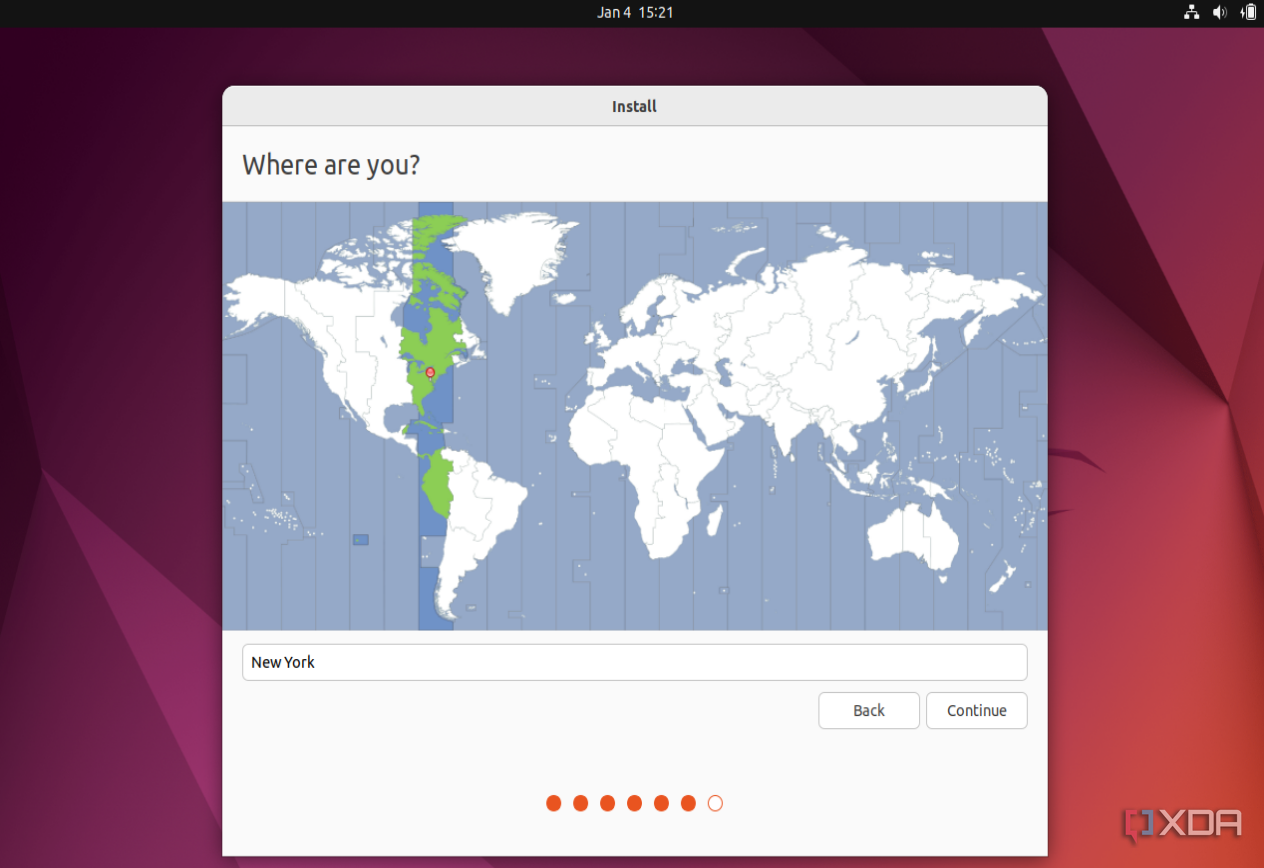 Una captura de pantalla de las opciones de ubicación en Ubuntu en el instalador que muestra Nueva York