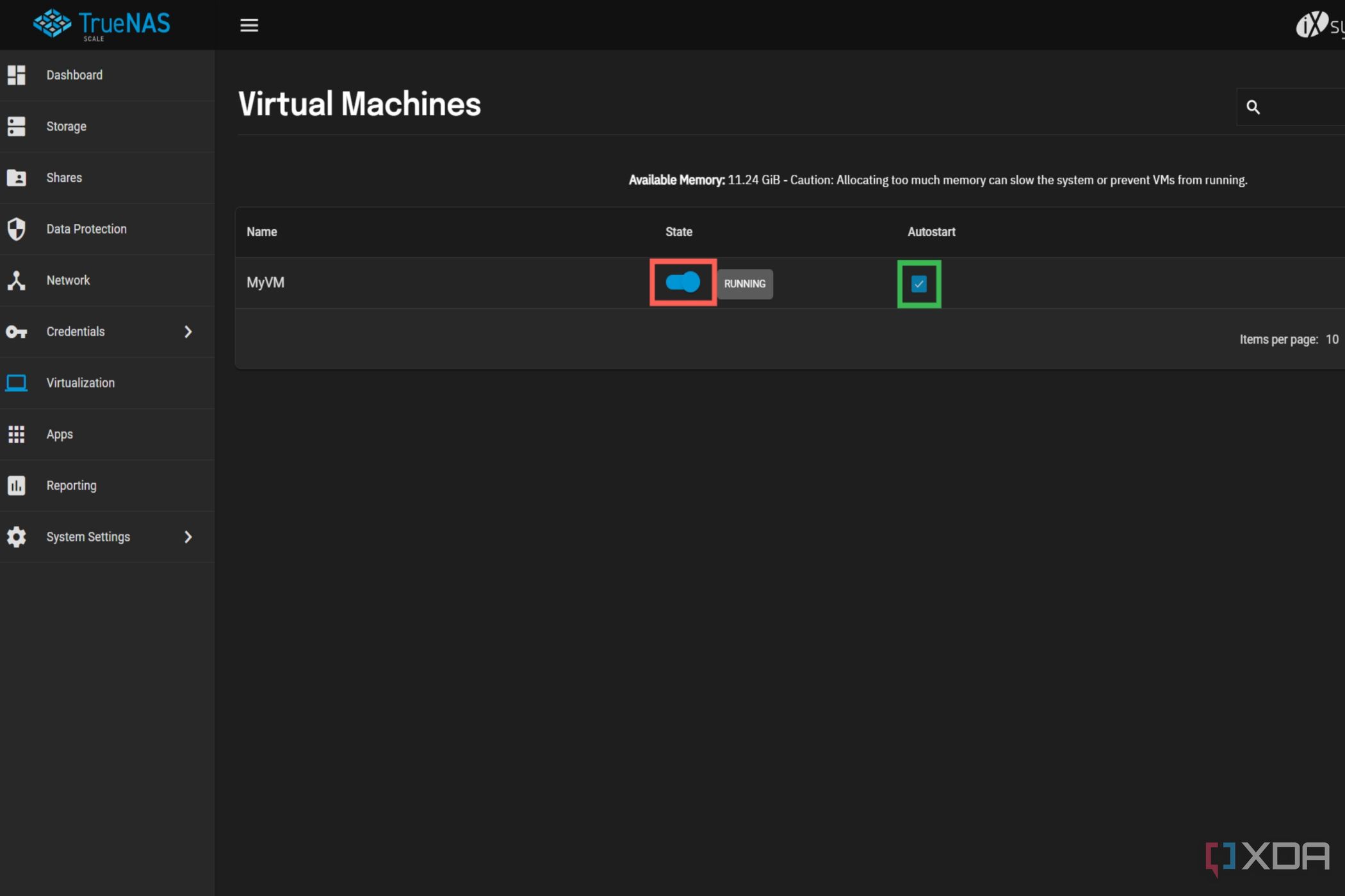 Una captura de pantalla de TrueNAS SCALE que muestra la opción para iniciar una máquina virtual