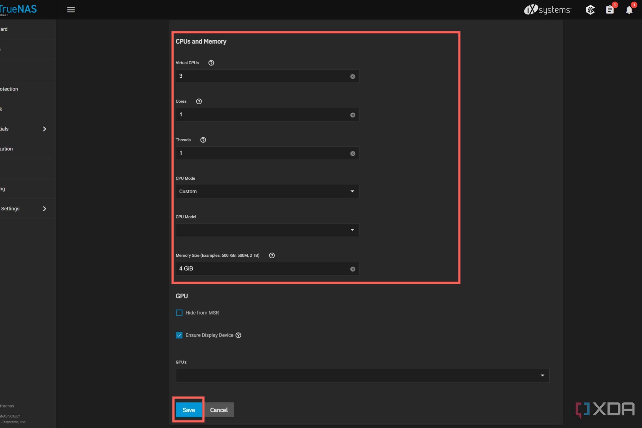 Una captura de pantalla de TrueNAS SCALE que muestra el procedimiento para reasignar recursos