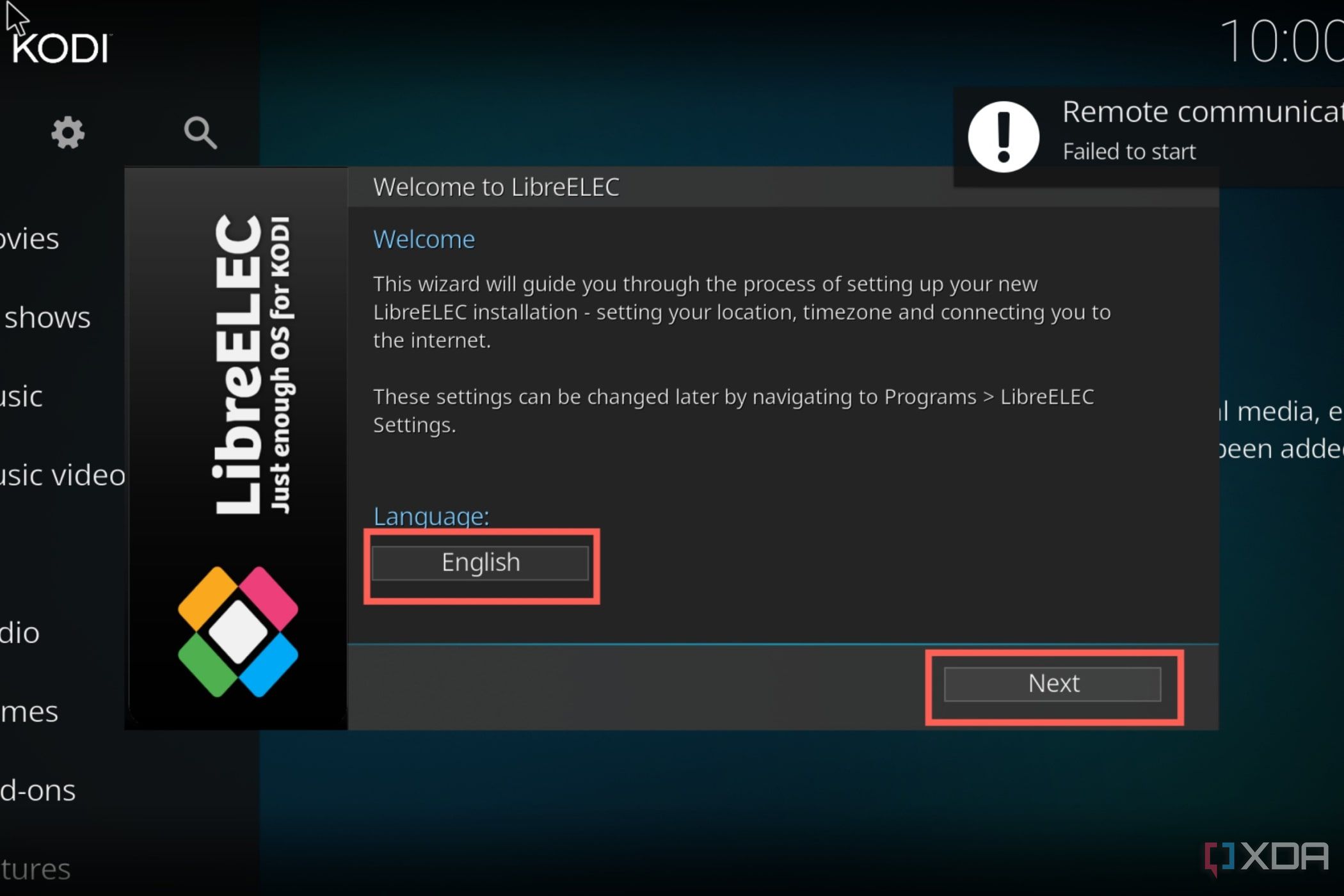 Una captura de pantalla del procedimiento de configuración de LibreELEC con la configuración de idioma resaltada