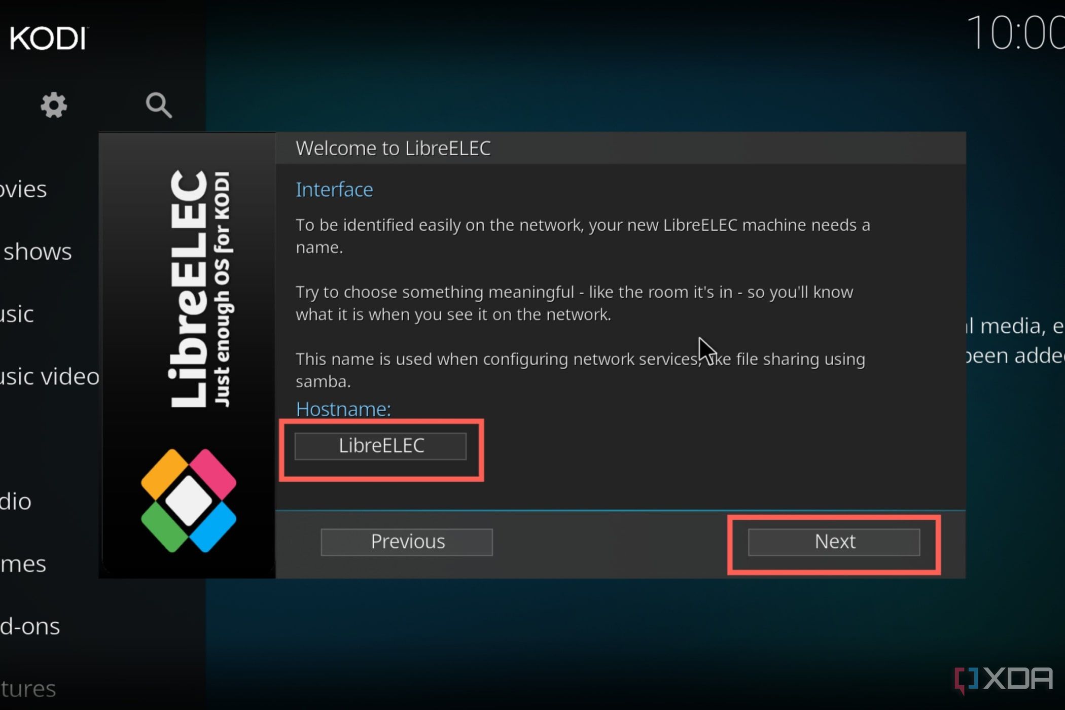 Una captura de pantalla del procedimiento de configuración de LibreELEC con el nombre de host resaltado