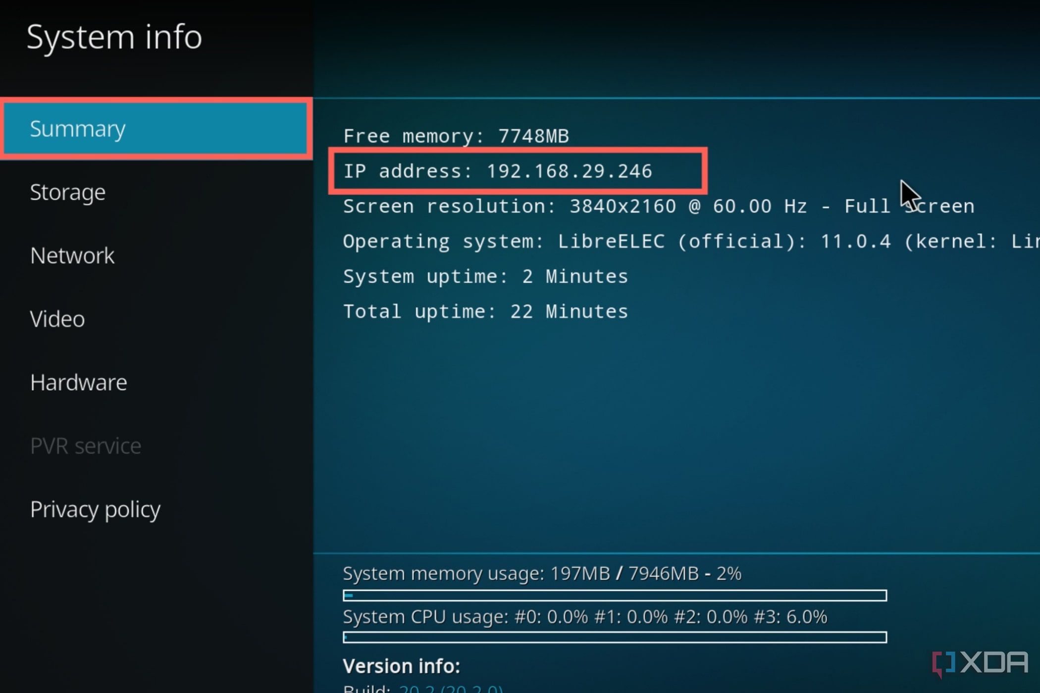 Una captura de pantalla de LibeELEC con la dirección IP resaltada