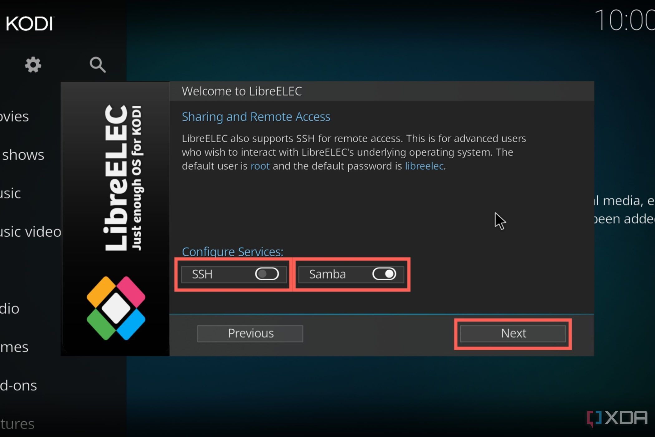 Una captura de pantalla del procedimiento de configuración de LibreELEC con las configuraciones de Samba y SSH resaltadas