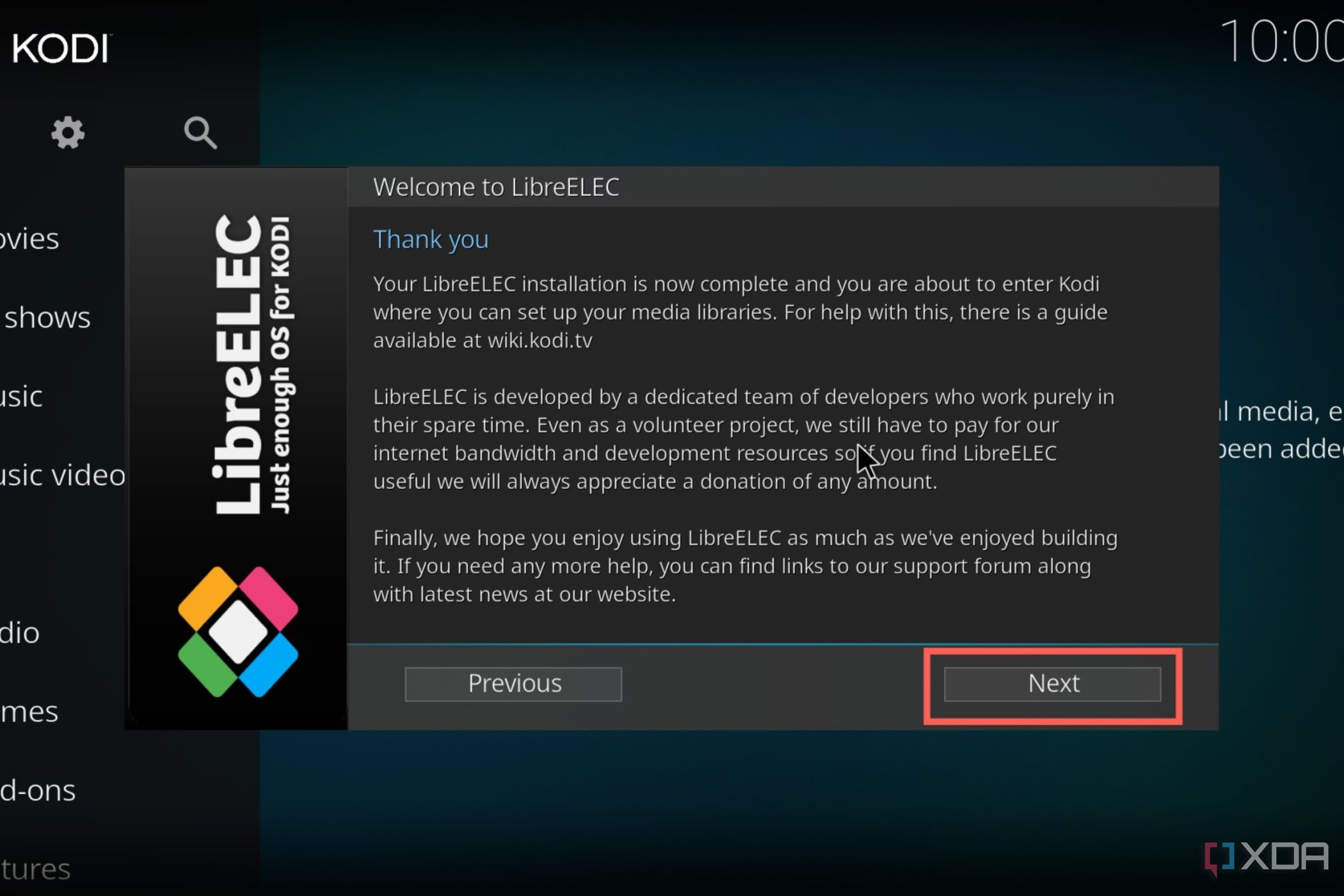 Una captura de pantalla del procedimiento de configuración de LibreELEC con el botón Siguiente resaltado