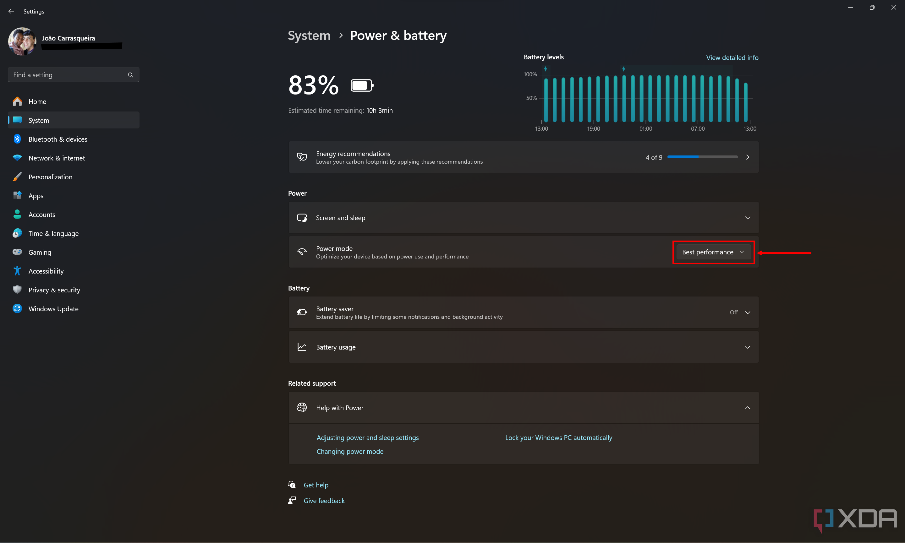 Captura de pantalla de la sección Energía y batería en la Configuración de Windows 11 con el modo de energía configurado en Mejor rendimiento