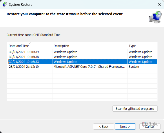 Screenshot of the System Restore dialog presenting multiple options for restore points to go back to