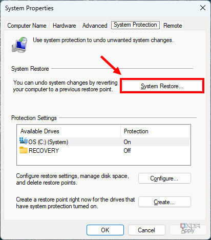 Screenshot of the System properties dialog with the System Restore button highlighted