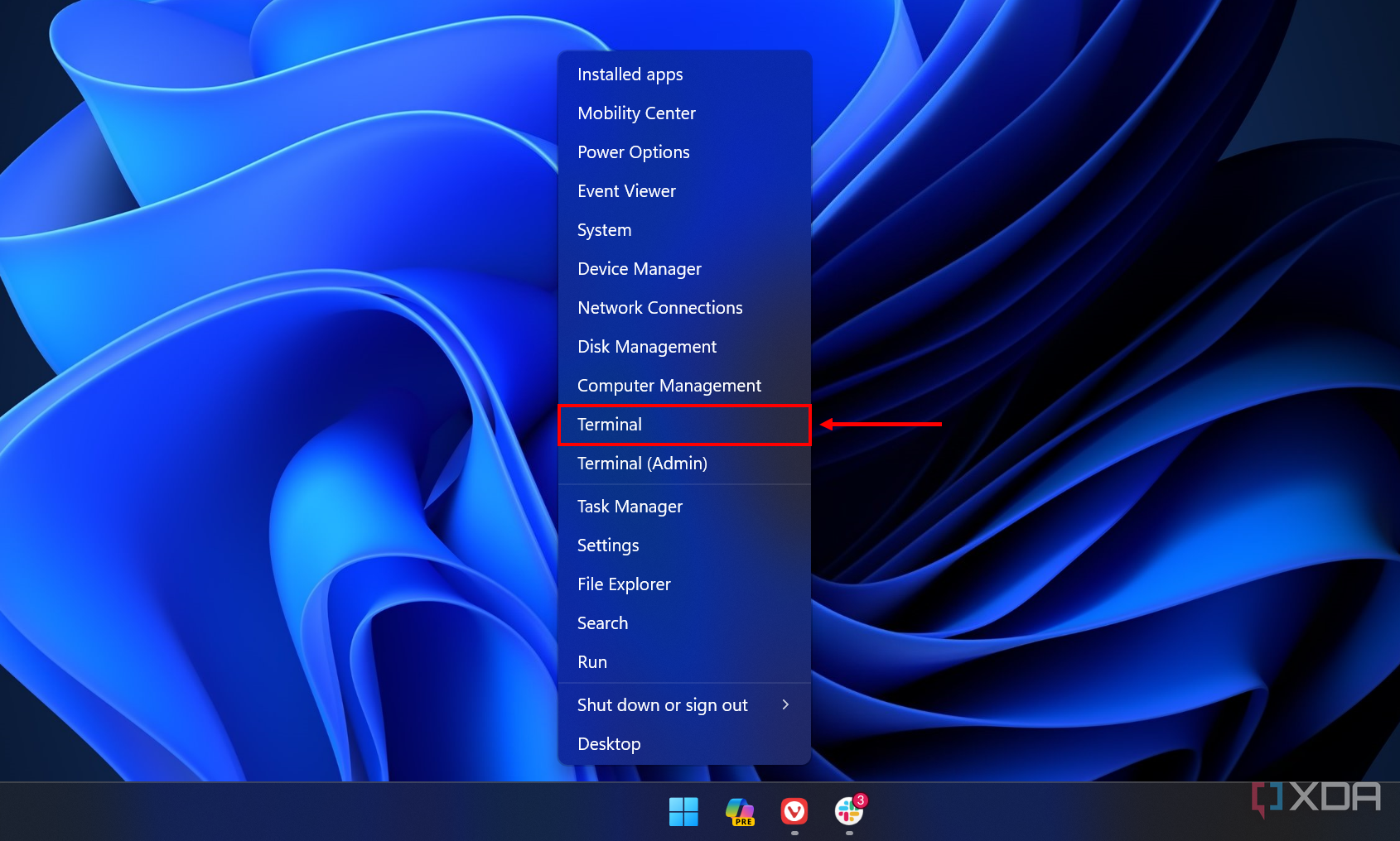 Screenshot of Windows 11 desktop with the Start menu context menu open and the Terminal option highlighted
