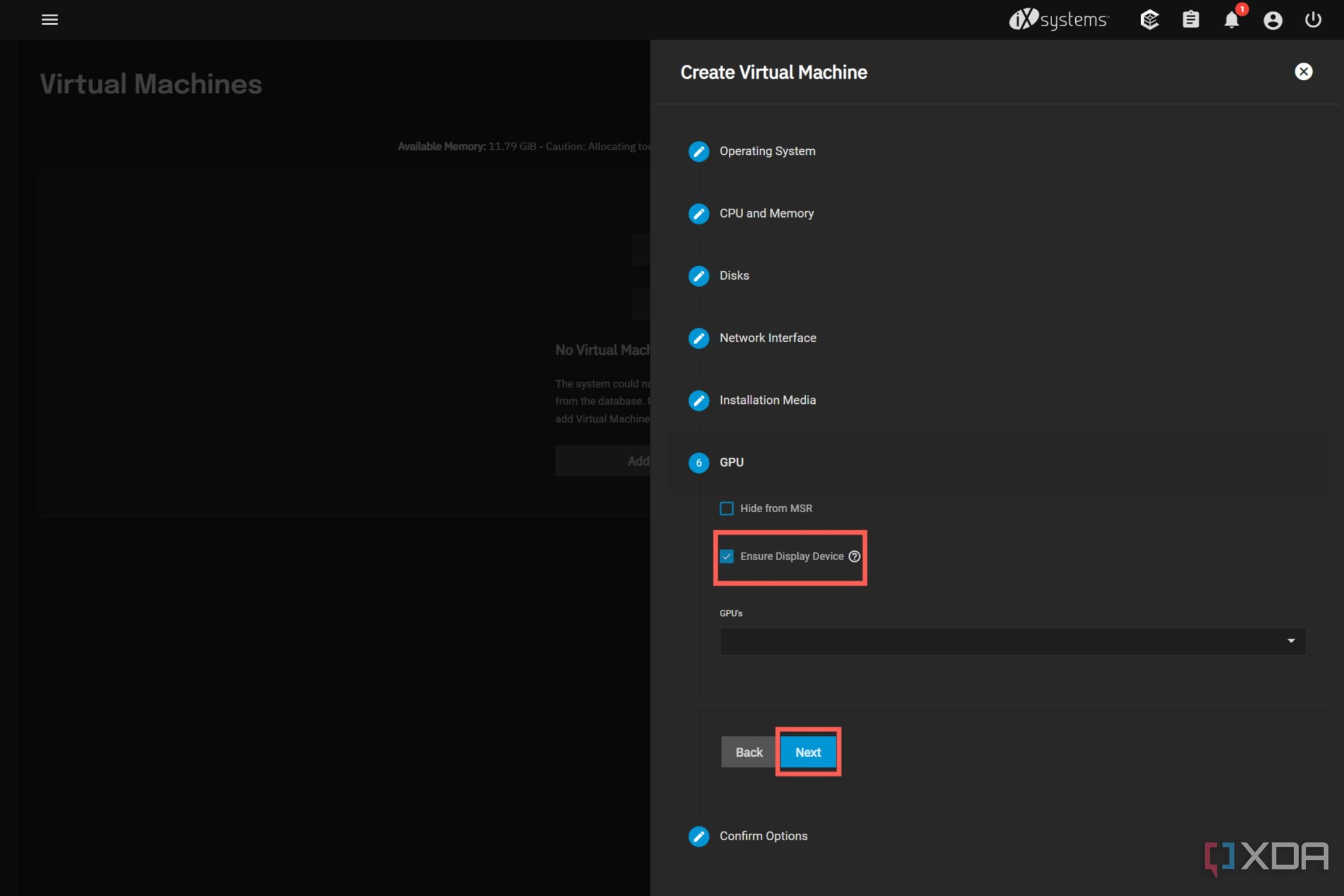 Una captura de pantalla de TrueNAS SCALE que muestra la configuración de la GPU para una máquina virtual