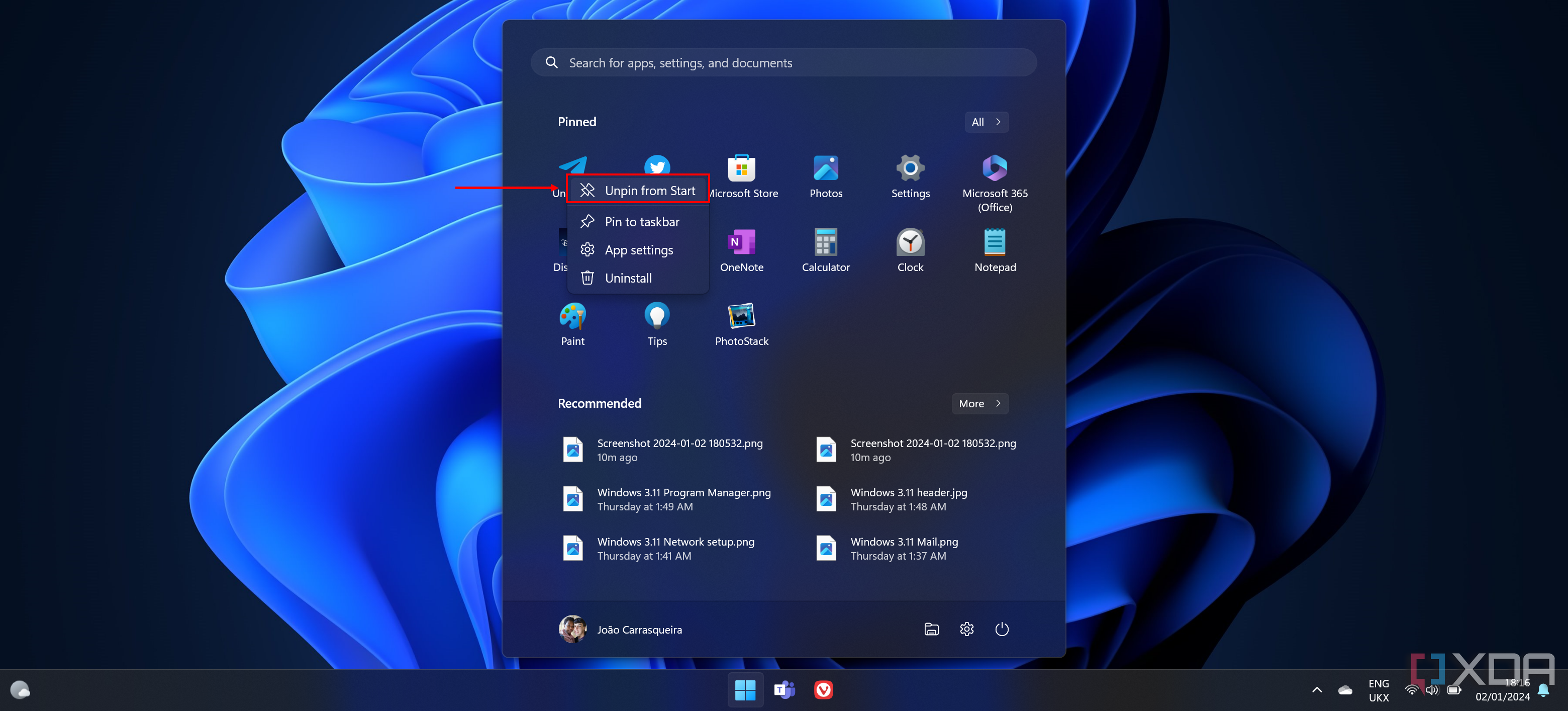 Screenshot of the Windows 11 Start menu with the Unpin from Start option highlighted