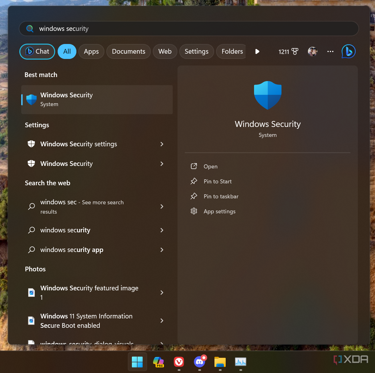 Captura de pantalla de Windows Search que muestra resultados para Seguridad de Windows