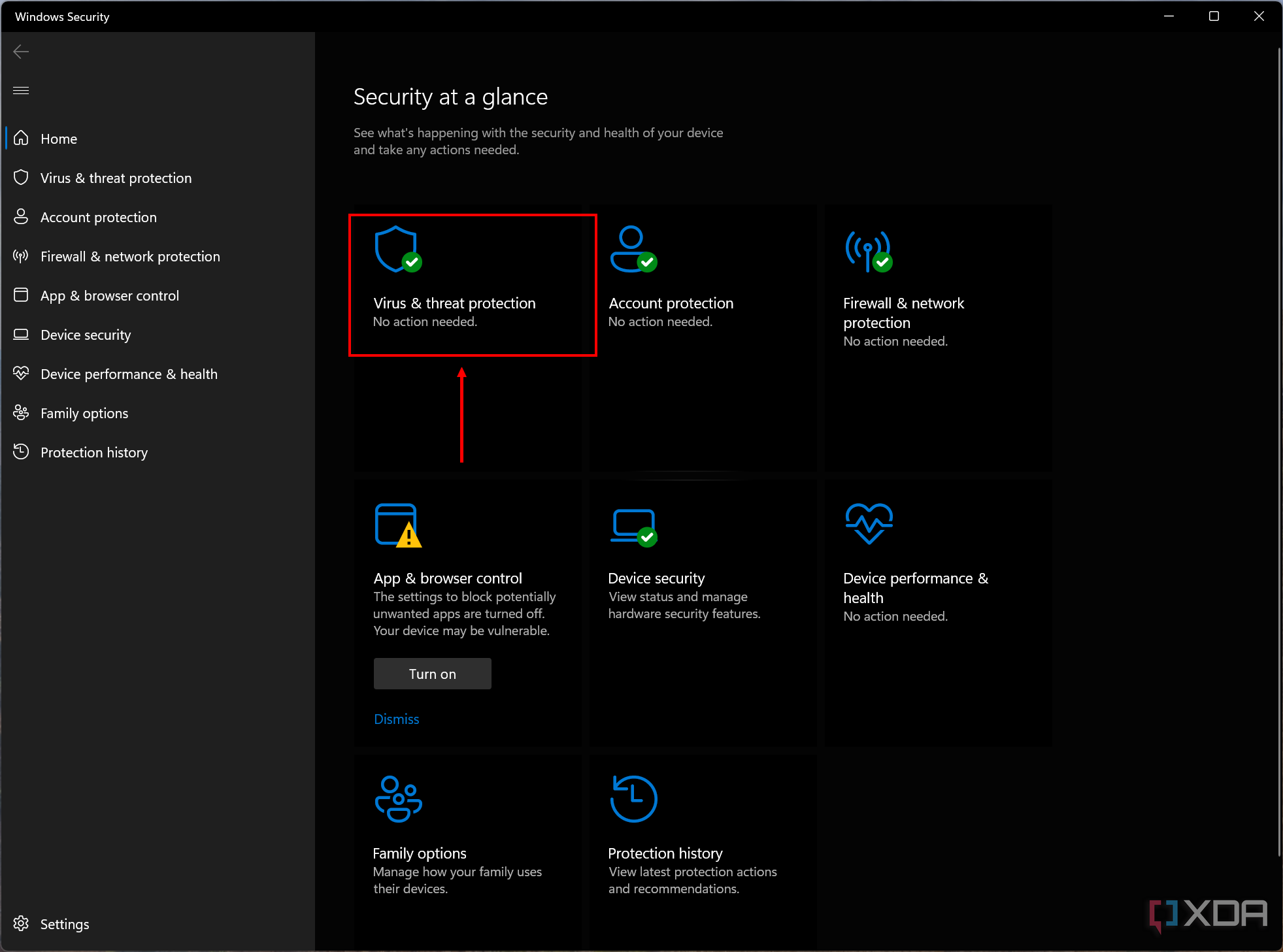 Captura de pantalla de Seguridad de Windows con la opción de protección contra virus y amenazas habilitada