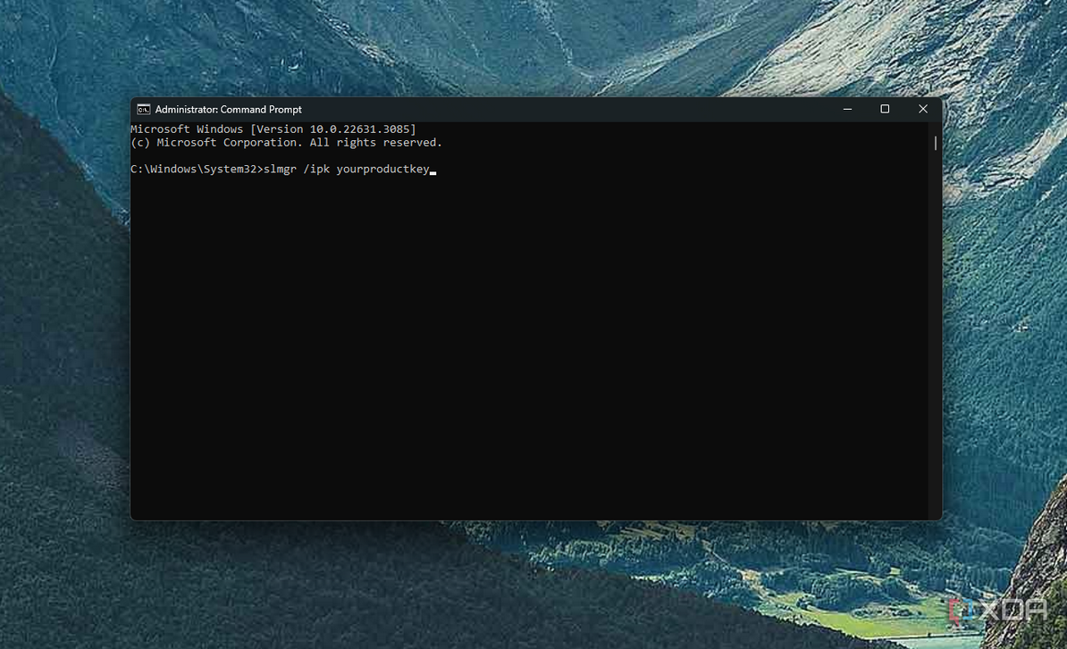 Screenshot of command prompt with a command to set a product activation key in Windows 11