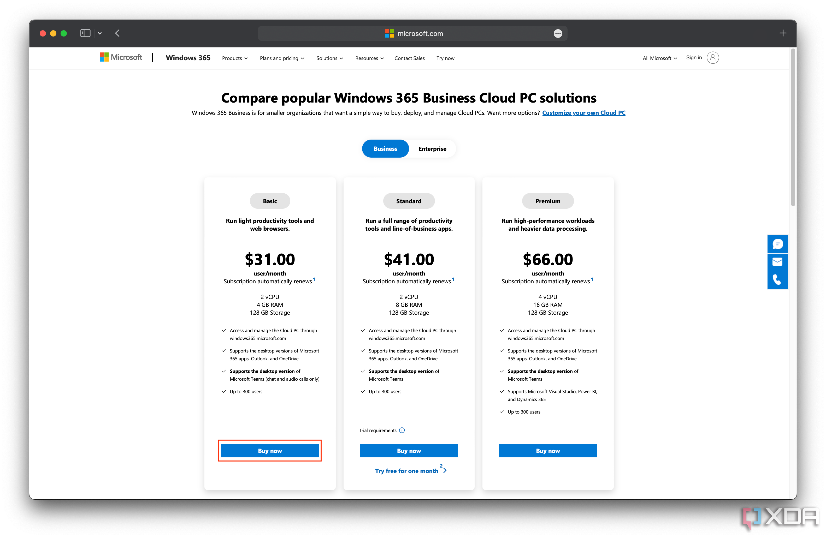 Planes para PC con Windows 365 Business Cloud, con el plan básico con un costo de $31 por mes y un botón Comprar ahora resaltado