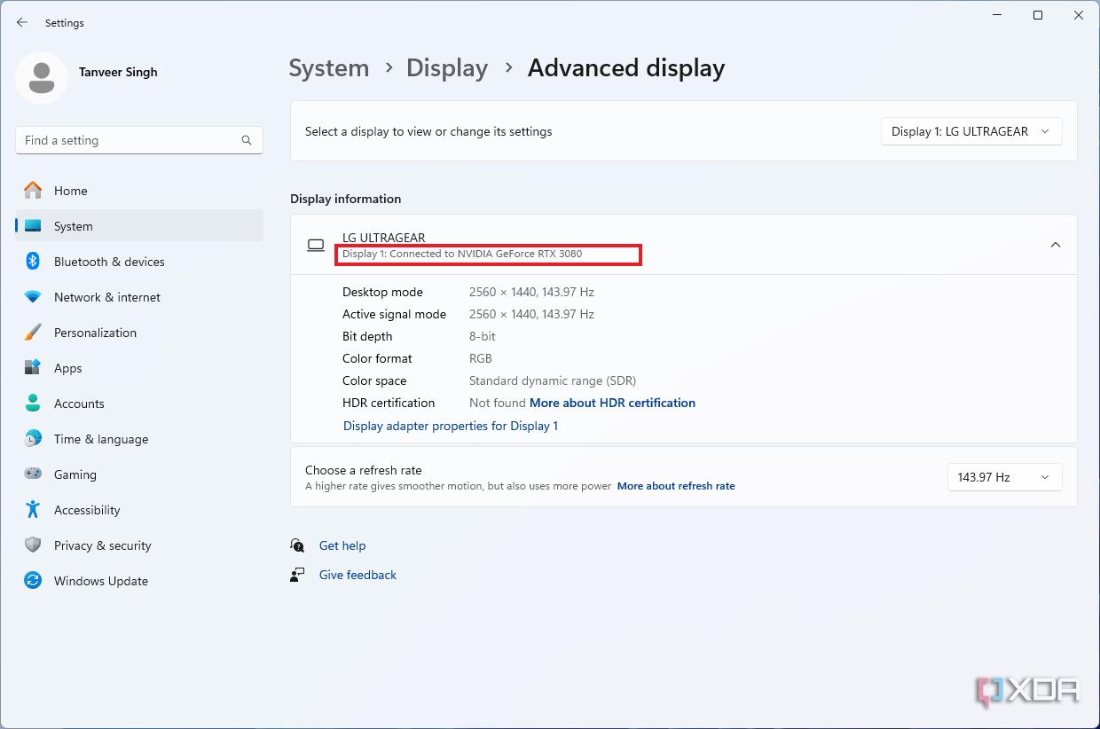 Captura de pantalla del nombre de la GPU en la configuración de Windows