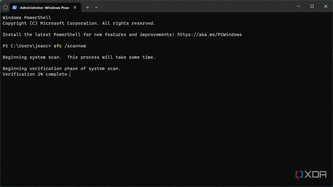 Captura de tela do Terminal do Windows executando o comando de verificação de arquivos do sistema