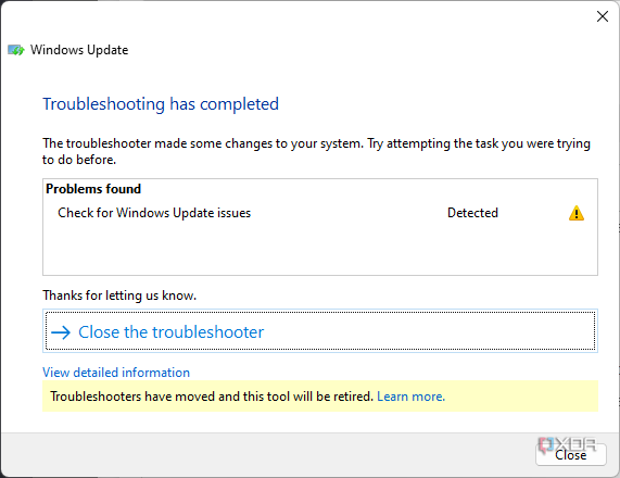 Screenshot of results after running Windows Update troubleshooter