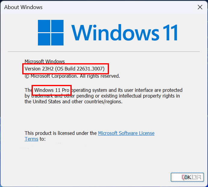 Screenshot of the About Windows dialog that opens when using the winver command