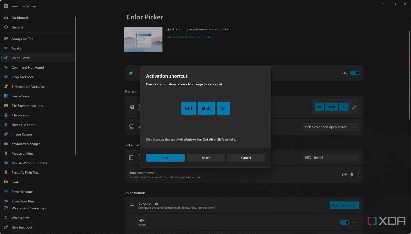 Screenshot of theactivation shortcut preview for Color Picker in PowerToys