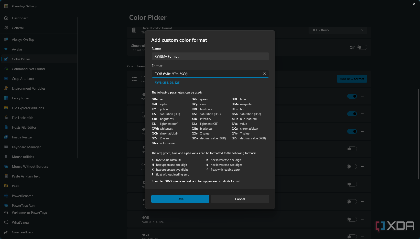 Screenshot of the customization options when adding a new color format to color picker in PowerToys