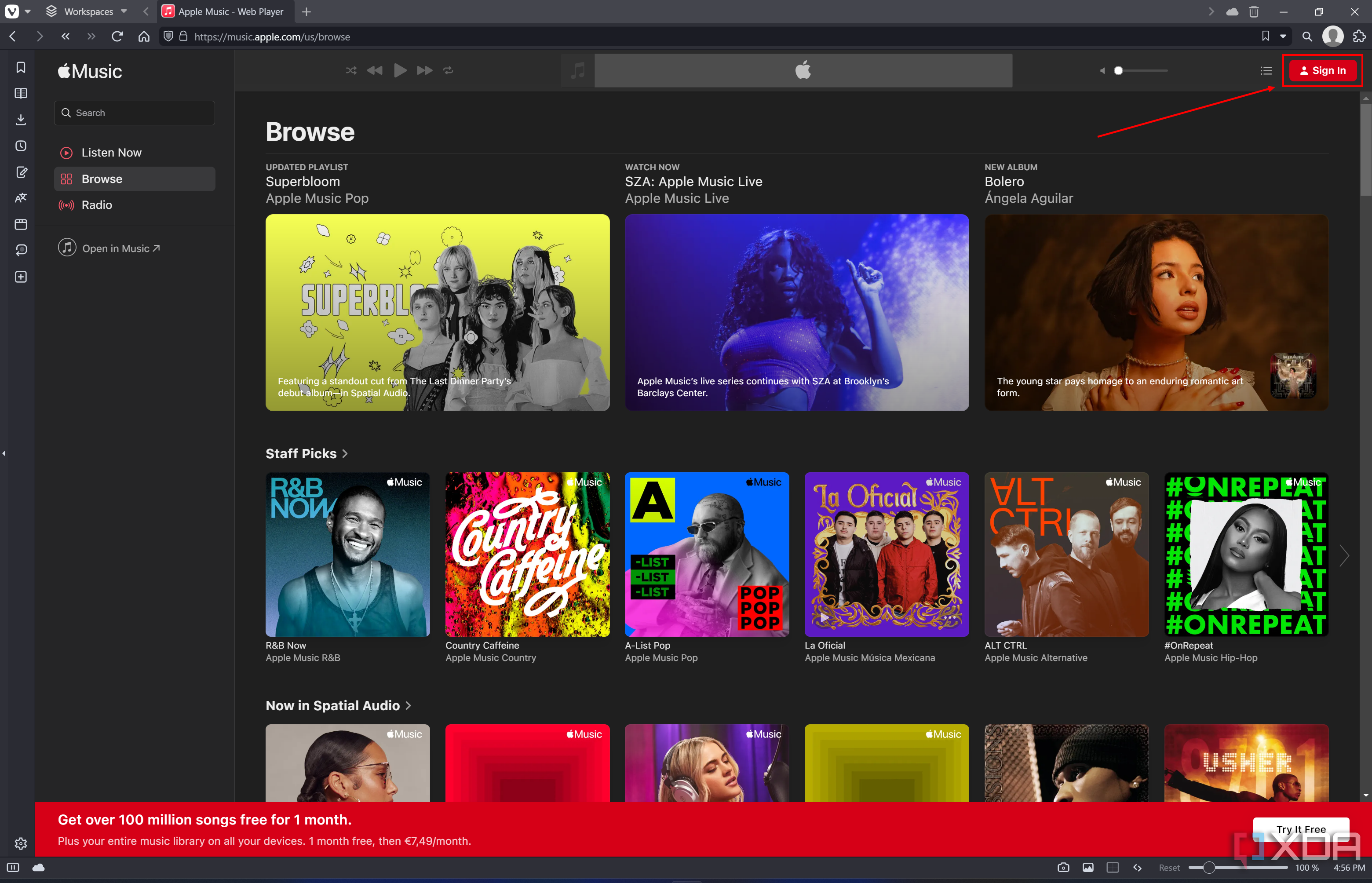 Captura de pantalla de Apple Music en la web antes de iniciar sesión