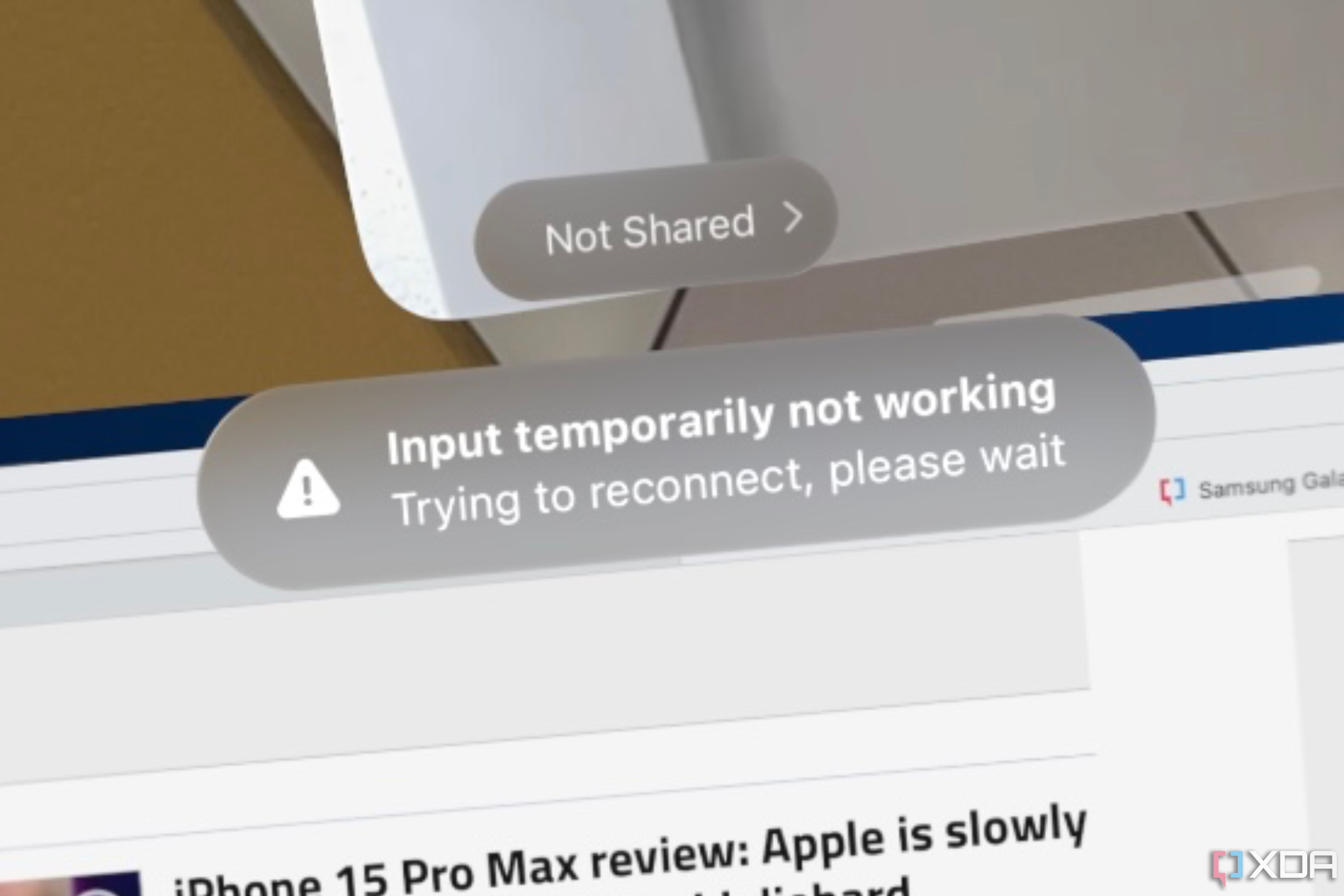 Ένα μήνυμα σφάλματος εισαγωγής στο Apple Vision Pro.