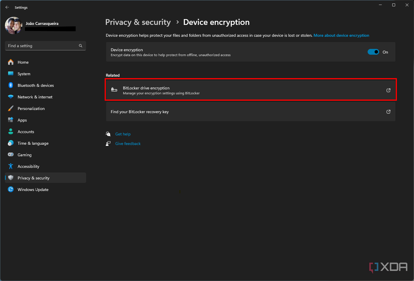 Screenshot of Device encryption page in the Windows 11 Settings app. A link to BitLocker settings is highlighted