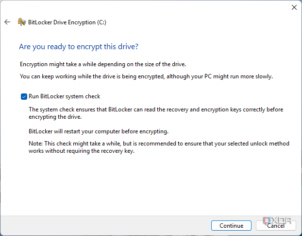 Windows dialog asking the user if they want to run a BitLocker system check before encrypting an OS drive