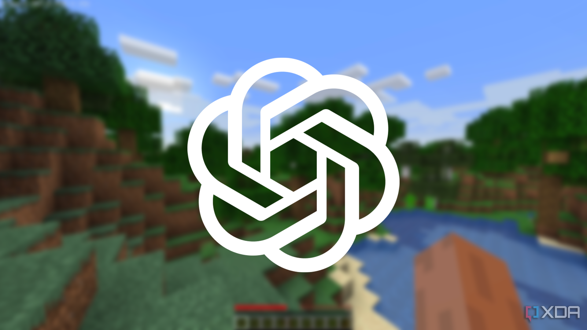 the ChatGPT logo superimposed over a blurred picture of Minecraft