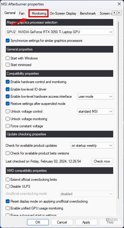 Screenshot of MSI Afterburner properties with the monitoring tab highlighted