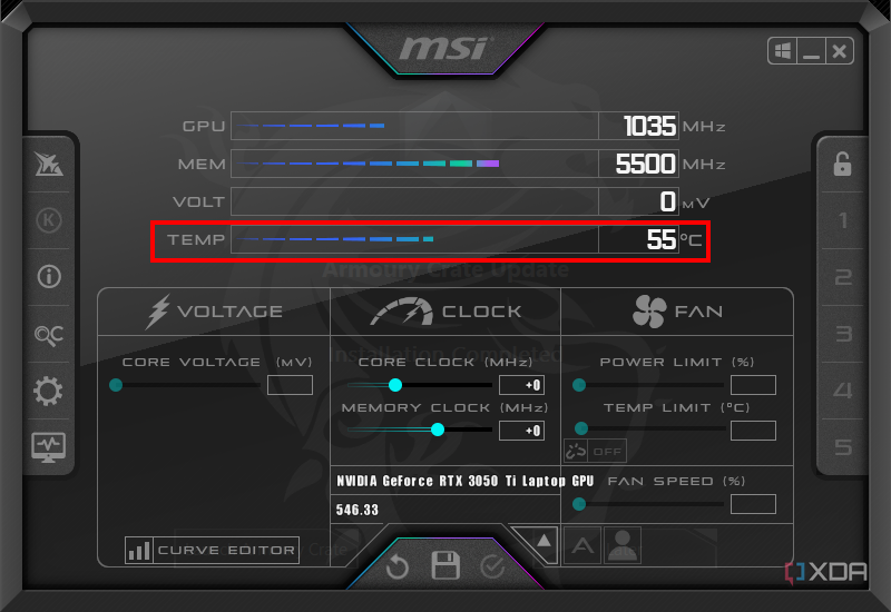Screenshot of MSI Afterburner with the GPU temperature highlighted