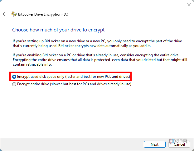 Windows dialog asking the user to choose how much of the drive to encrypt with BitLocker