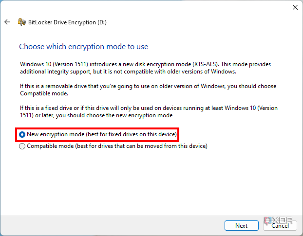 Windows dialog asking the user to choose an encryption mode for BitLocker