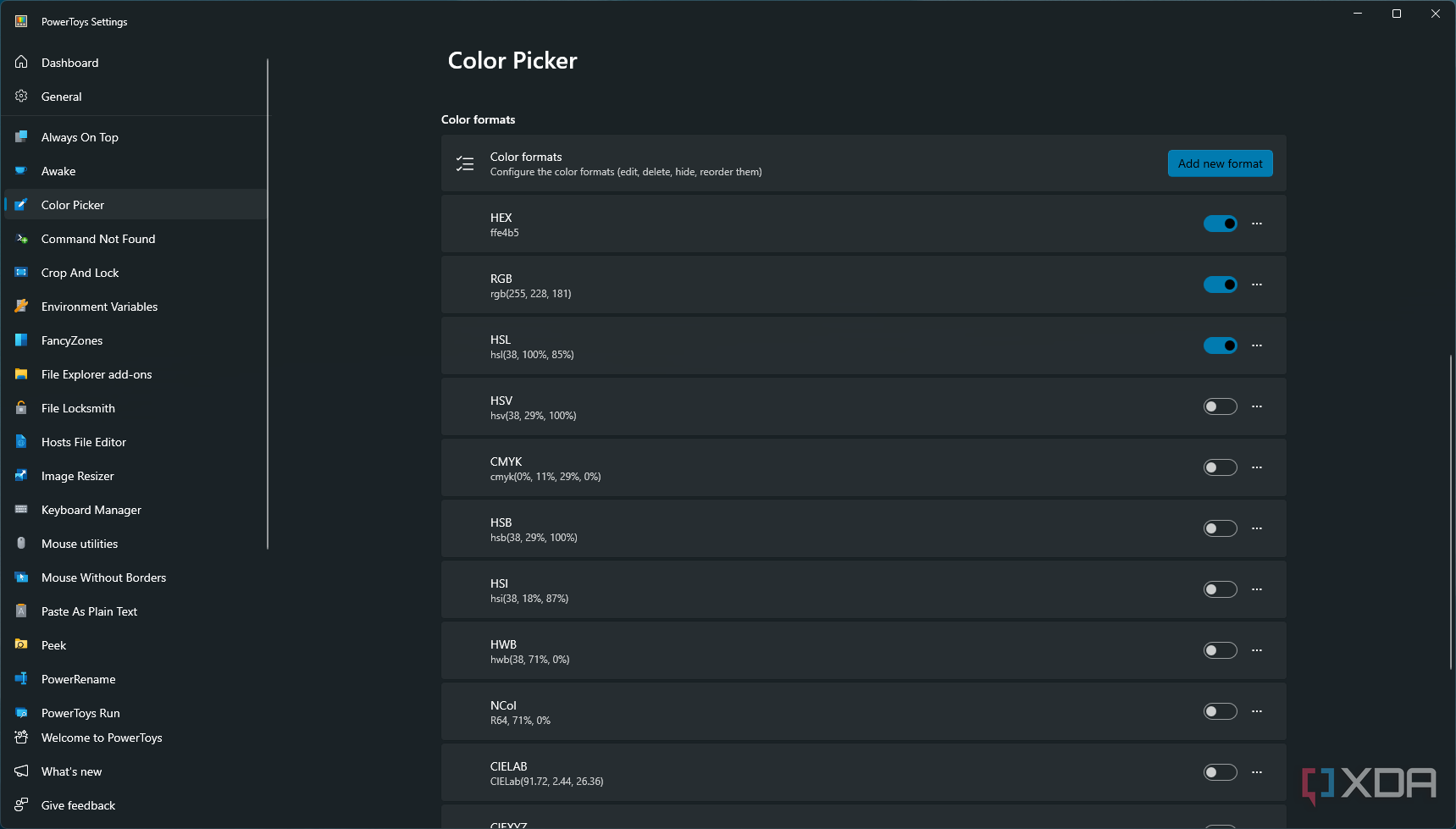 Screenshot of the color formats available for the color picker in PowerToys