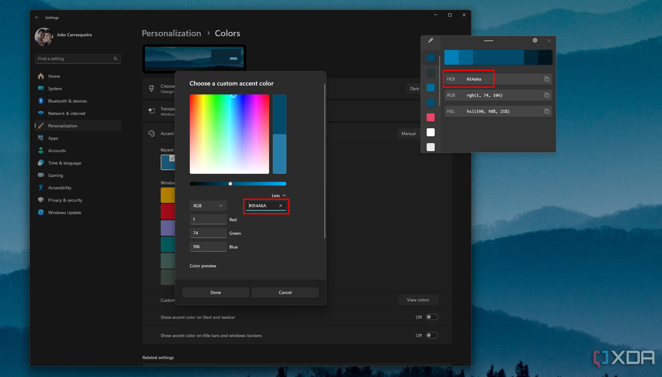 Screenshot of color personalization in Windows 11 using an Hex code grabbed by PowerToys color picker